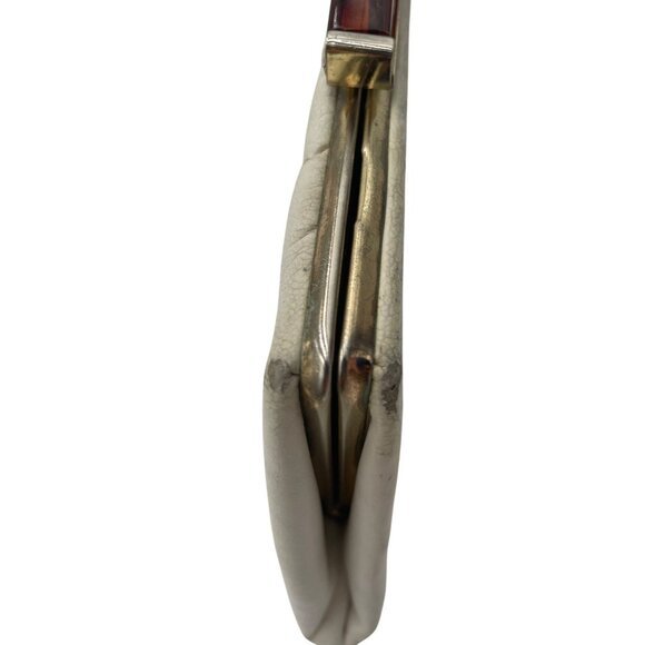 Vintage White Leather Clutch Purse Brown Lucite Handle & Gold Chain - Picture 5 of 13